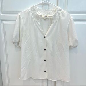 Faith And Joy Womens M Button Up Blouse Ivory White Textured Puff Sleeves